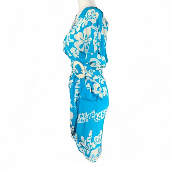 VTG Thierry Mugler 1990 Eté Hawaï Collection Tropical Silk Wrap Dress Blue 36 S - Picture 7 of 16